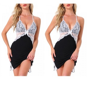 INSPIRE CHIC Women 2 Pcs Lingerie Nightgown Deep V Neck Sleeveless Backless Mini Length Sleep Dress - 1 of 4