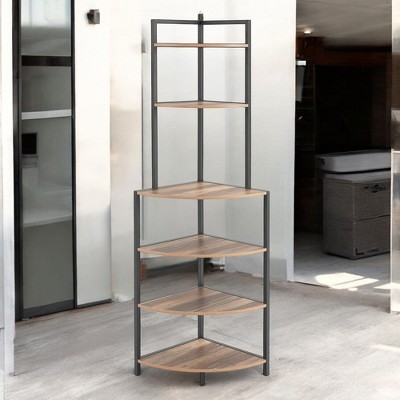 Alilang 22.24 Inch Corner Shelf with Five-Tier Wooden Shelves and Metal Frame - Brown