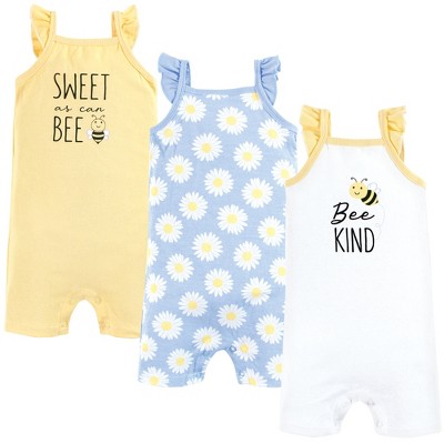 Image of Hudson Baby Infant Girl Cotton Rompers, Bee Kind, 9-12 Months