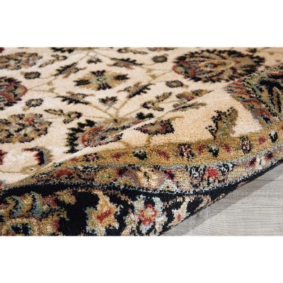 Round Black and Ivory Floral Synthetic Area Rug