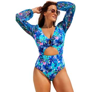 Swim 365 Women's Plus Size Split-neck Long Sleeve Swim Tee With Built-in Bra  - 40, Blue : Target