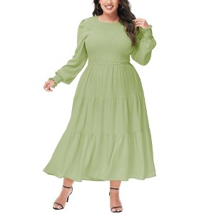 Anna-Kaci Women's Plus Size Casual Long Sleeve Smocked Chest Round Neck Flowy Tiered Maxi Dress - 1 of 4