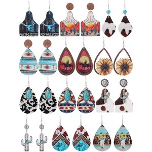 12 pairs of women's Bohemian style denim vintage turquoise print leather and wood teardrop pendant earrings. - 1 of 4