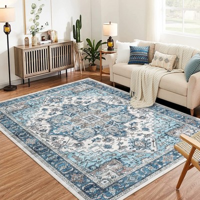Large Washable Area Rug, Non-Slip Low Pile Vintage Boho Carpet for Living Room, Bedroom, Dining Room, Kitchen, Machine Washable Home Decor