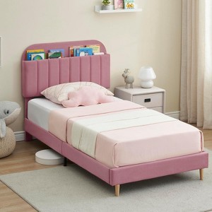 Twin Bed Frame with Storage Headboard Velvet Upholstered Platform Bedframe for Kids/Girl Bed Strong Wooden Slats Noise-Free Easy Assembly, Beige - 1 of 4