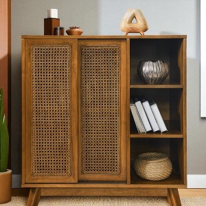 Mid Century Modern Rattan Sideboard Cabinet, Buffet Cabinet for Entryway, Adjustable Shelf & Solid Wood Feet & Rattan Cabinet Doors - 1 of 4