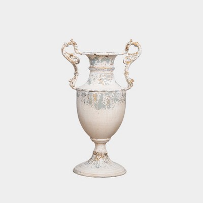 Vintage Decorative Metal Vase with Handles, Antique White and Blue Finish Vase, Distressed Finish Urn, 1pc