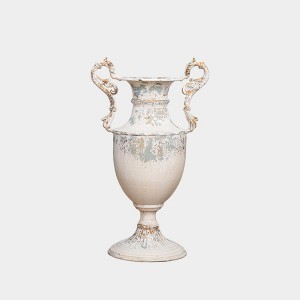 Vintage Decorative Metal Vase with Handles, Antique White and Blue Finish Vase, Distressed Finish Urn, 1pc - 1 of 4