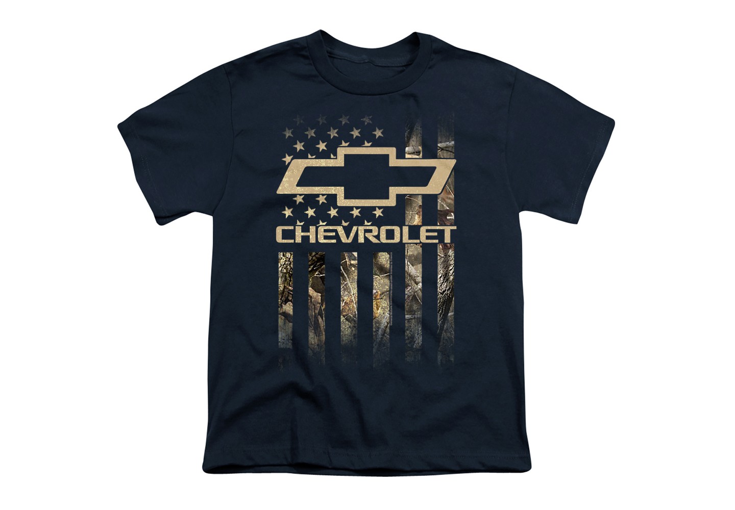 Детская футболка Chevrolet Camo Flag Kids T Shirt For Youth Navy X Large: Cotton, Loose Fit, Crew Neck, цвет: Камуфляжный — фото 1