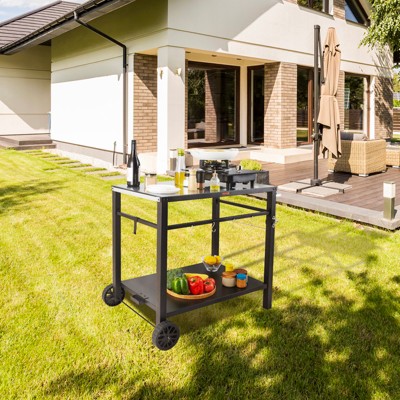 Black Iron Double-Shelf Outdoor Grill Dining Cart with Wheels