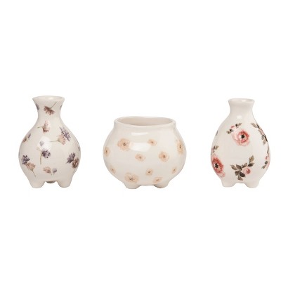Transpac Small Dol Cottage Floral Footed Vase Set of 3 Spring Home Decorations