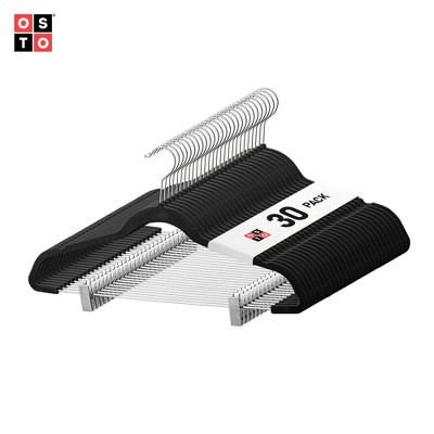 OSTO 30 Pack Premium Velvet Hangers with Clips, Non-Slip Pants Hangers with Notches; Thin Space-Saving with 360 Degree Swivel Hook; Black