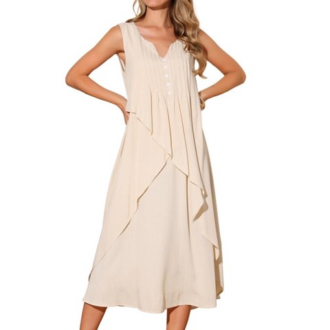 Женские платья INSPIRE CHIC Women's Summer Sleeveless V Neck Button Decor Flowy Maxi Tank Beach Dress Apricot X-Large