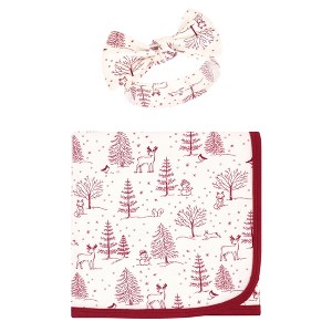 Touched by Nature Baby Girl Organic Cotton Swaddle Blanket and Headband or Cap, Winter Woodland, One Size - 1 of 4