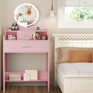 Hyleory Small Make Up Vanity Desk with 15.7 Inch Round Mirror and Light, Two Drawers Included - 1 of 4