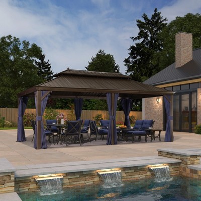 Purple Leaf 12 'X 20' Courtyard Bronze Aluminum Frame Pavilion And Navy Blue Curtain Outdoor Hardtop Gazebo