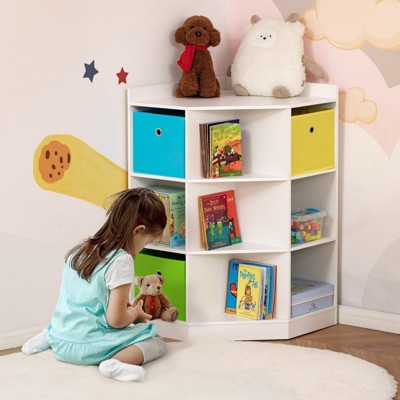 SKRAN Kids Corner Cabinet, Cubby Toy Storage Organizer, Bookshelf Unit with Three Baskets for Playroom, Bedroom, Living Room