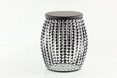 Glam Black Iron and Wood Round Accent Table with Crystal Embellishments