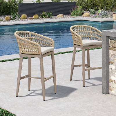 PURPLE LEAF Outdoor Rattan Bar Stools Set of 2 Modern Boho Aluminum Patio Bar Height Chair with Cushion for Garden Outdoor and Indoor