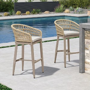 PURPLE LEAF Outdoor Rattan Bar Stools Set of 2 Modern Boho Aluminum Patio Bar Height Chair with Cushion for Garden Outdoor and Indoor - 1 of 1