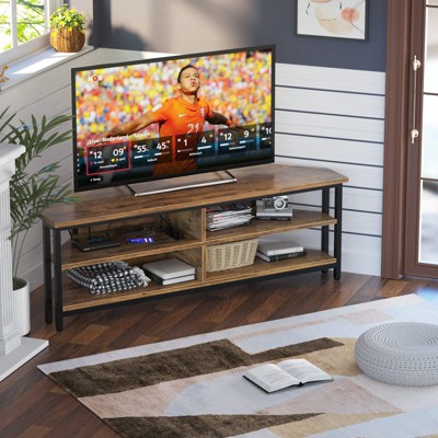 Aheaplus 55'' Corner TV Stand with Charging Station, TV Console Table with 4 Open Storage Shelves