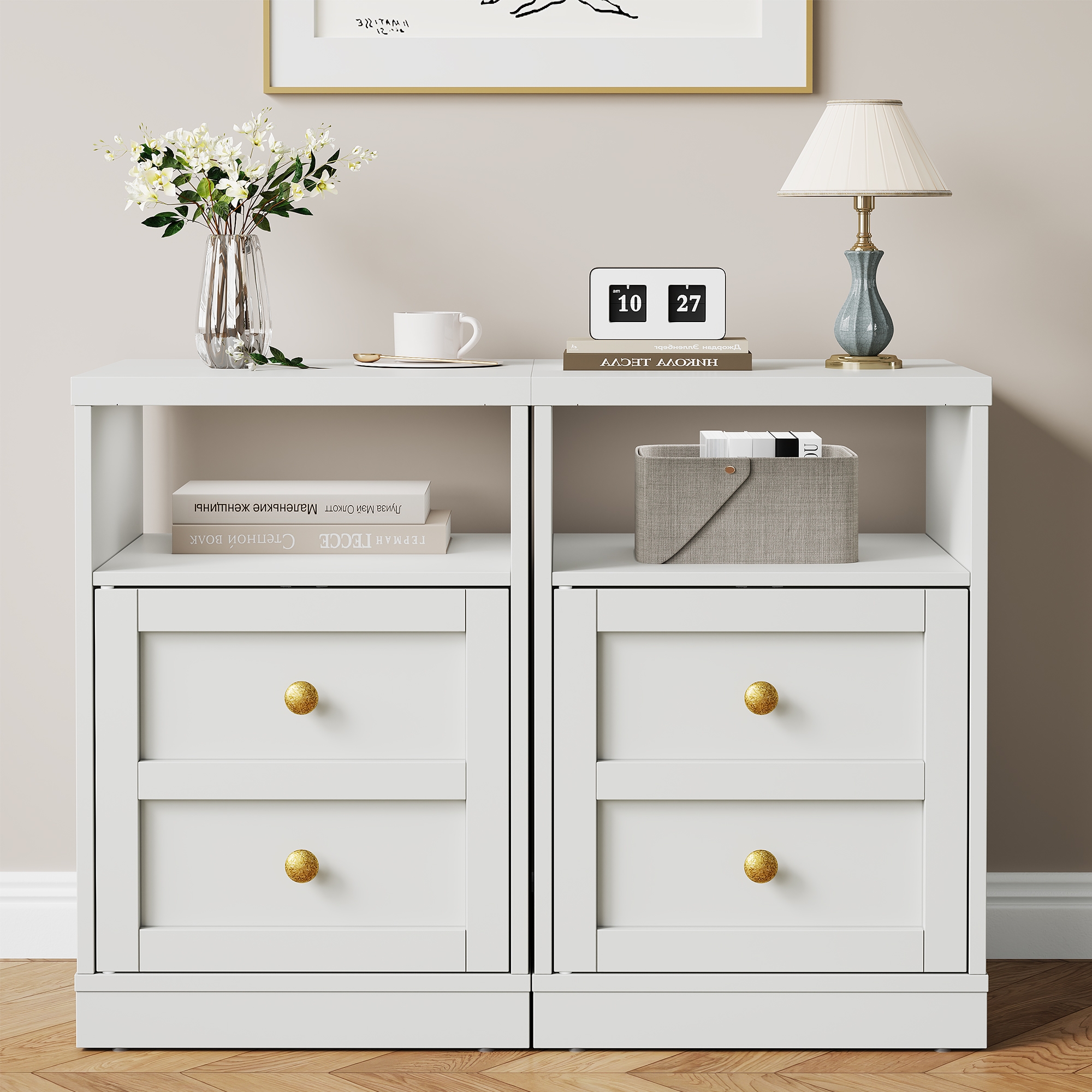 Heynemo White Nightstand Set of 2, End Table with Storage Shelf and Door, Faux two-drawer Design Side Table , Modern Night Stand for Bedroom Dorm