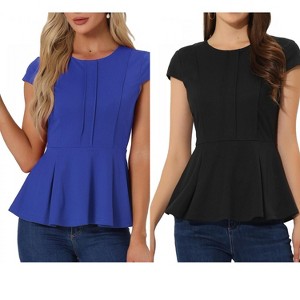INSPIRE CHIC Women's Elegant Round Neck Cap Sleeve Solid Color Peplum Blouses 2 Packs - 1 of 4