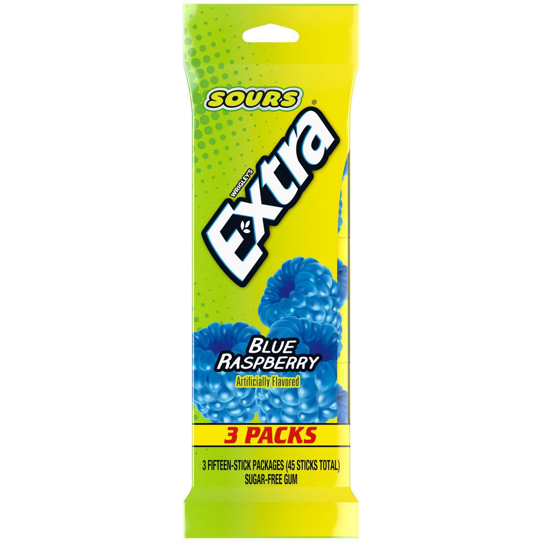 Extra Sours Blue Raspberry Sugar Free Chewing Gum - 45ct/3pk
