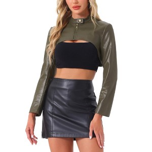 INSPIRE CHIC Women's Faux Leather Cropped Stand Collar Zipper Front Moto Biker Long Sleeve Jacket - 1 of 4