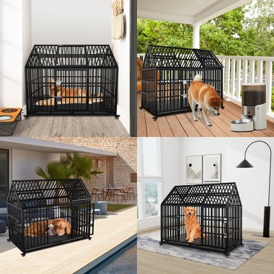 Whizmax 54 Heavy Duty Dog Crate Large Dog Cage Strong Metal Dog Kennels and Crates for Large Dogs Top Open with 2 Doors 4 Lockable Wheels 2 Removable Trays