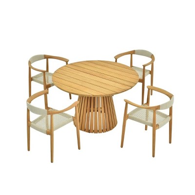 Circular Planked Wood Outdoor Dining Set 4 Ergonomic Woven Armchairs with Radial Pedestal Base