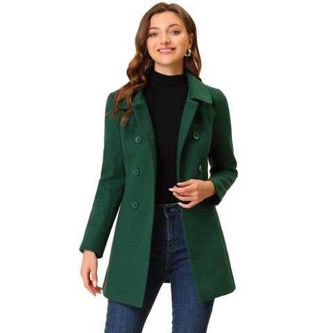 INSPIRE CHIC Women's Peter Pan Collar Double Breasted Long Trench Winter Pea Coat Dark Green Medium