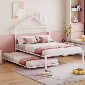 Full/Twin Size Metal Platform Bed Frame with Trundle Bed/ Drawers, House-Shaped Headboard Design 4S -ModernLuxe - 1 of 4