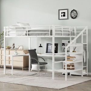 Okak Queen Metal High Loft Bunk Bed with L-shaped Desk & USB Heavy Duty Bedframe with Wardrobe & Adjustable Shelf LED for Adults Teens Kids, Off White - 1 of 4