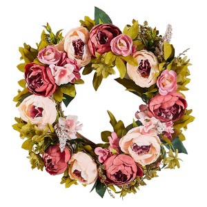 19" Pink Artificial Wreath with Peonies, Hydrangeas & Babysbreath, Silk Floral Year-Round Decor - 1 of 4