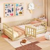 Safstar Twin Size Floor Bed w/High Fence & Door Safety Guardrails Wood Floor Bed Frame - 3 of 4