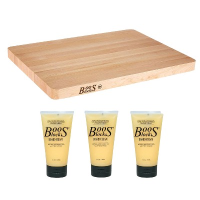 John Boos Maple Wood Chop N Slice Reversible Cutting Board, 16 x 10 x 1 Inch and Wooden Butcher Block Board Natural Moisture Cream, 5 Ounces (3 Pack)