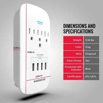 White 3-Outlet Wall Tap Surge Protector with 4 USB Ports