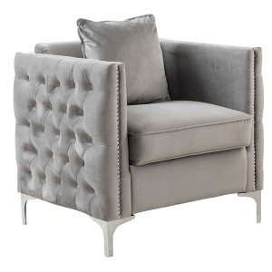 Velvet Chair with Tufted Seat, Nailhead Trim, Pocket Coil Cushion and Throw Pillow for Living Room - 1 of 4