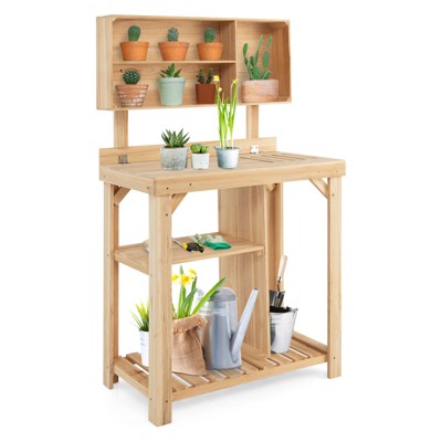 Tangkula Garden Work Bench, Wood Potting Station w/ Bottom Shelves & Top Compartments Solid Fir Wood Structure