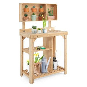 Tangkula Garden Work Bench, Wood Potting Station w/ Bottom Shelves & Top Compartments Solid Fir Wood Structure - 1 of 4