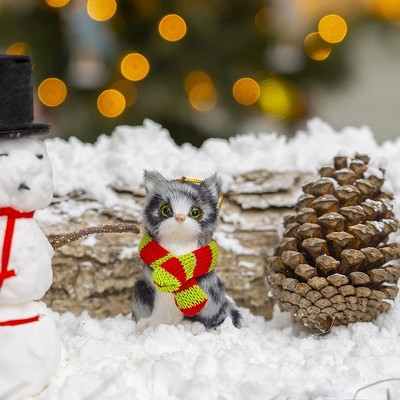 Mini Gray and White Faux Fur Cat Ornament with Scarf