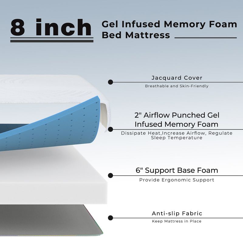 Costway Queen Size Wood Bed Frame & 8" Foam Mattress Set CertiPUR-US Certified, 5 of 10