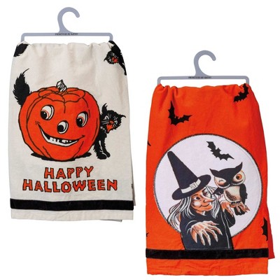 Decorative Towel 28.0" Pumpkin Cat & Witch Set / 2 Halloween 100% Cotton Kitchen  -  Kitchen Towel