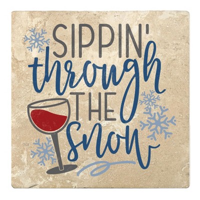 Christmas by Krebs Set of 4 Ivory and Blue "SIPPIN' through THE snow" Square Coasters 4"