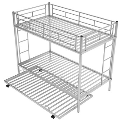 Bellemave Twin Over Twin Metal Bunk Bed with Trundle, Ladder & Guardrail for Kids, Teens & Adults, No Box Spring, Silver