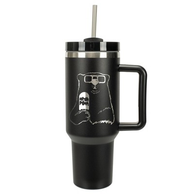 Elanze Designs 40 Ounce Travel Tumbler With Straw and Lid Stainless Steel Double Wall Insulated Ice Cream Polar Bear With Sunglasses Black