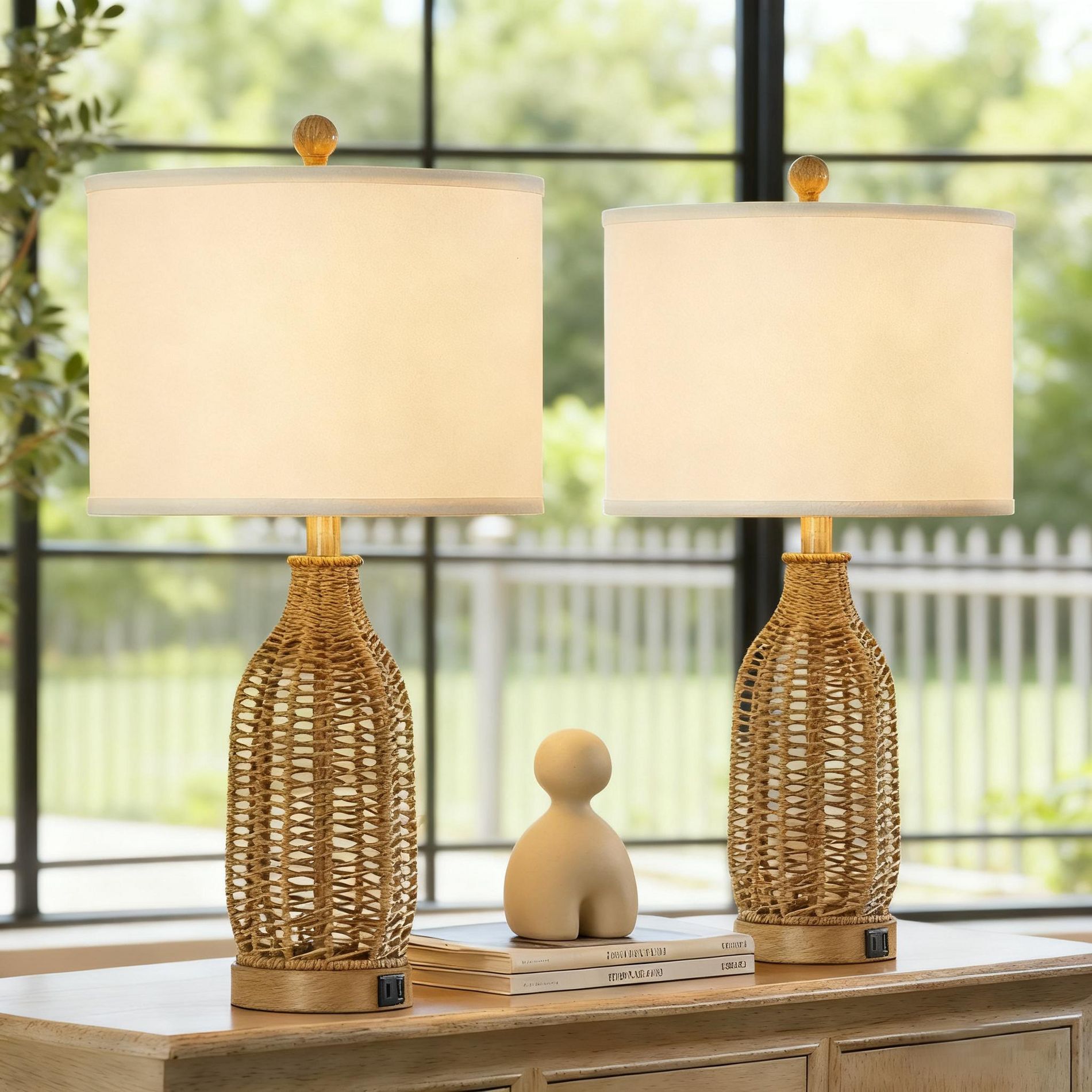 Maxax Set of 2 Rattan Table Lamps for Living Room, 24.5" Boho Bedside Lamps with A+C USB Charging Ports for Nightstand