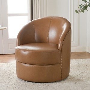 KINWELL 29"W Top-Grain Genuine Leather Upholstery Swivel Barrel Chair - 1 of 4