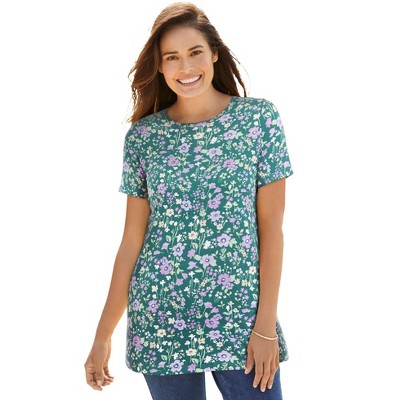 Woman Within Plus Size Perfect Printed Short-Sleeve Crewneck Tee